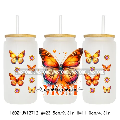 We Love You Mom Butterfly Flowers Mother's Day UV DTF Sticker For 16OZ Libbey Glass Cup Can Wrap Transfer Stickers Custom Labels