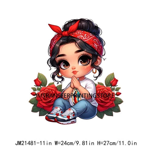 New Chibi Chicana Lovely Bow Rose Baby Girls Latina Princess Iron On DTF Heat Transfer Stickers Ready To Press For Clothing