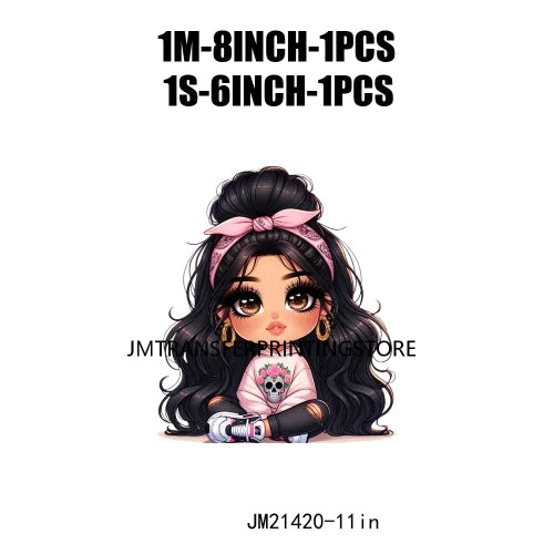 Pink Bow Long Hair Chibi Cute Chicana Doll Girls With Earing Washable Iron On DTF Transfers Stickers Designs For Sweatshirt