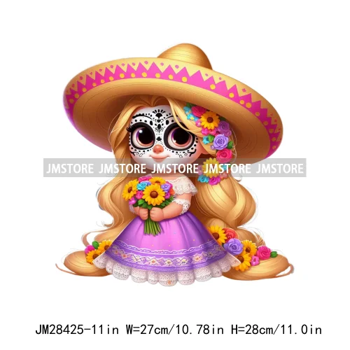 Colorful Day Of The Dead Catrina Princess Baby Girl Sombrero Hat Mexico Conchas Iron On DTF Heat Transfers Stickers For Clothing