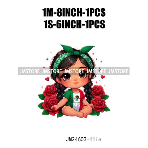 Cute Chibi Mexican Girl Designs Hispanic Red Rose Green Coquette Bow Latina Princess Iron On DTF Transfers Stickers For T-shirts