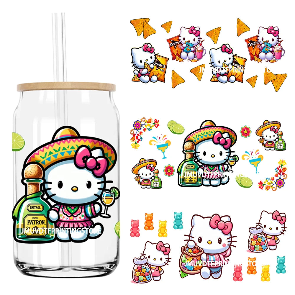 New Mexican Snacks Cartoon Cat Fiesta UV DTF Sticker For 16OZ Libbey Glass Cup Can Wrap Transfer Sticker Custom Labels DIY Logo