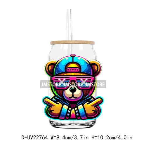 Colorful Neon Teddy Bear Urban Style UV DTF Transfers Stickers Decals For Libbey Cold Cups Mugs Tumbler Waterproof DIY Craft