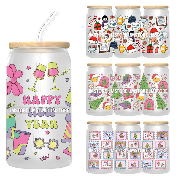 Happy New Year Christmas Tree Gingerbread 16OZ UV Cup Wrap DTF Transfer Stickers For Libbey Glass Can Cups Tumbler Waterproof