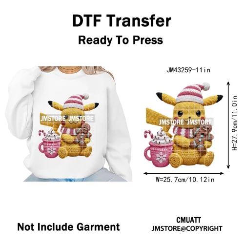 Hot Cocoa Coffee Lover Cartoon Faux Yarn Christmas Xmas Iron on Washable DTF Transfers Stickers Ready to Press for Sweatshirts