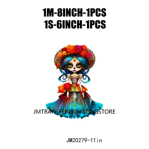 Cute Doll La Catrina Day Of The Dead Sugar Skull Mexican Halloween Iron On DTF Transfer Stickers Ready To Press For Hoodies Bags