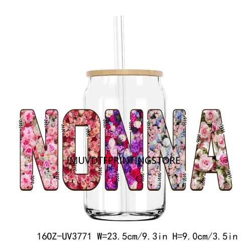 Flower Family Mama Nana UV DTF Sticker For 16OZ Libbey Glass Cup Can Wrap Transfer Sticker Custom Labels DIY Logo Dogmom