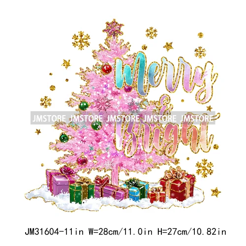 Merry And Bright Christmas Faux Gold Giltter Coquette Tree Gifts Girly Iron On DTF Transfer Stickers Ready To Press For Clothing