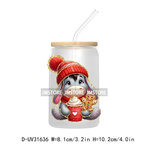 Glitter Cartoon Character With Christmas Hat Holiday Xmas UV DTF Transfer Stickers Decals For Libbey Cold Cup Mug Tumbler Labels