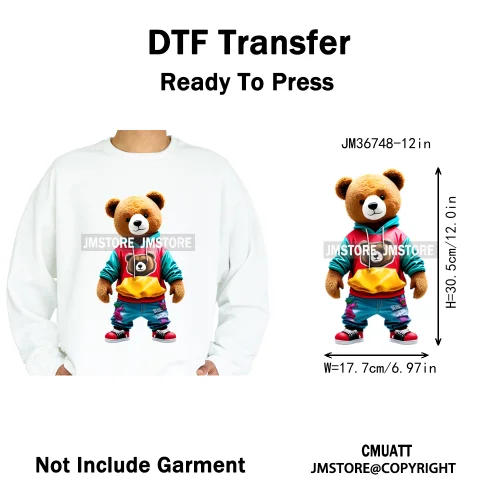 12in Cool Retro Urban Streetwear Graffiti Hip Hop Teddy Bear Iron On DTF Washable Transfers Stickers Ready to Press For Clothing