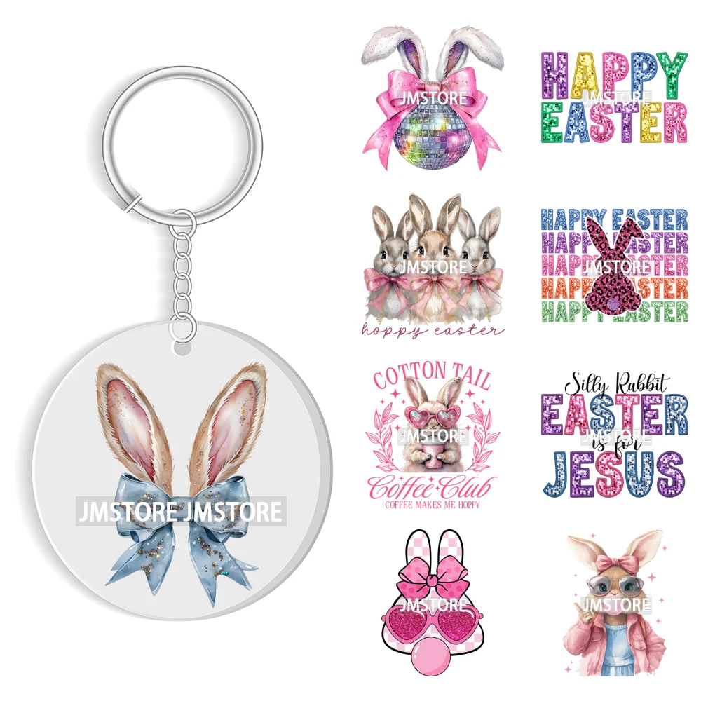 Faux Sequin Glitter Happy Easter Bow Retro Easter Bunny Blowing Bubble UV DTF Stickers for Round Circle Acrylic Keychain Keyring