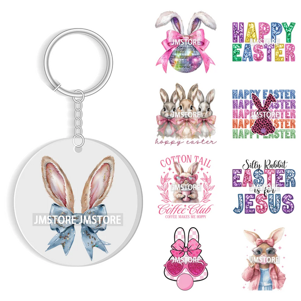 Faux Sequin Glitter Happy Easter Bow Retro Easter Bunny Blowing Bubble UV DTF Stickers for Round Circle Acrylic Keychain Keyring