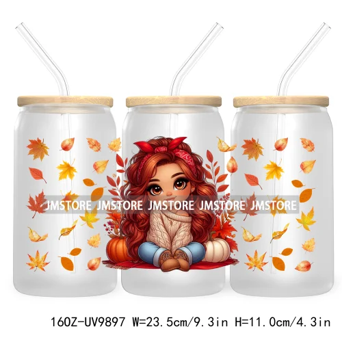 Mexican Latina Chibi Autumn Baby Girl UV DTF Sticker For 16OZ Libbey Glass Cup Can Wrap Transfer Stickers Custom Labels DIY Logo