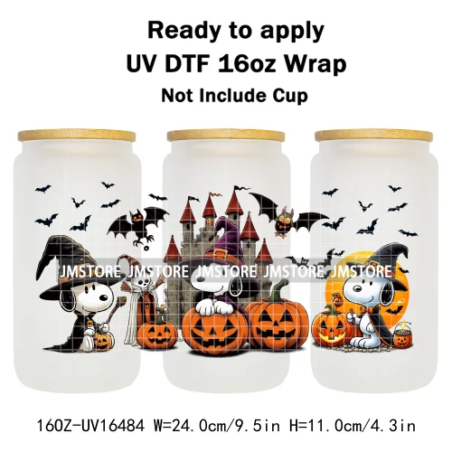 Spooky Ghost Halloween Pumpkin Cartoon Dog 16OZ UV DTF Cup Wraps Ready To Apply Waterproof Transfer Sticker For Libbey Glass Can