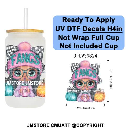 Girly Halloween Ghost Pumpkin Coffee Lover UV DTF Transfer Stickers Decals Ready To Apply Waterproof For 16OZ Libbey Glass Can