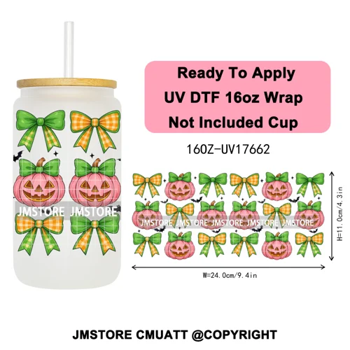 Halloween Fall Autumn Pumpkins Coquette Leopard Bow UV DTF Cup Wrap 16OZ Ready To Apply Transfer Stickers For Libbey Glass Can