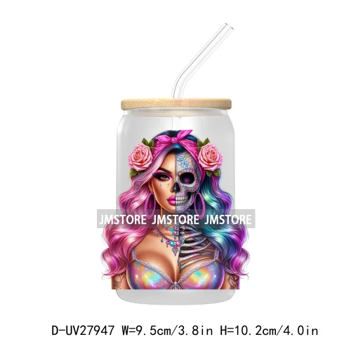 Rainbow Diamond Glamor Latina Skeleton UV DTF Transfer Stickers Decals For Libbey Cold Cups Mugs Tumbler Chicana Latina Woman