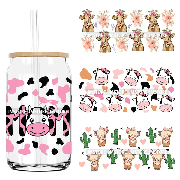 Highland Cow With Cactus Wildflowers UV DTF Sticker For 16OZ Libbey Glass Cup Can Wrap Transfer Stickers Custom Labels DIY Logo