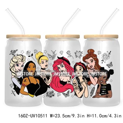 Cartoon Princess Floral Flowers 16OZ UV DTF Cup Wrap Transfer Stickers Custom Labels Waterproof For Libbey Glass Can Best Friend