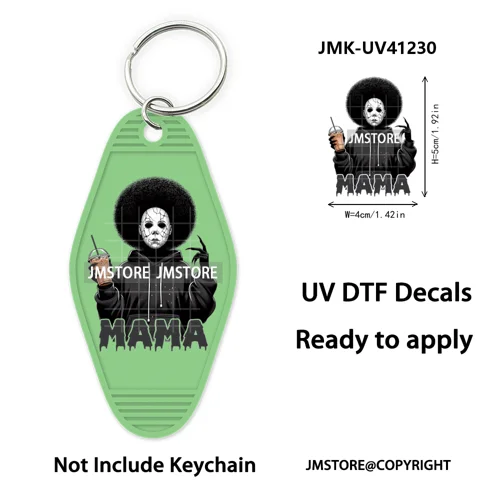 Horror Character Mama Coffee Lover UV DTF Motel Keychain Decal Ready To Ship Durable Transfer Stickers Prints For Hotel Keychain