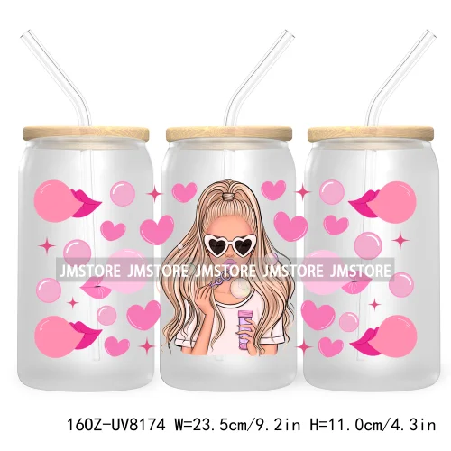 Woman With Bubble Gum Pink UV DTF Sticker For 16OZ Libbey Glass Cup Can Wrap Transfer Stickers Custom Labels DIY Logo Messy Bun