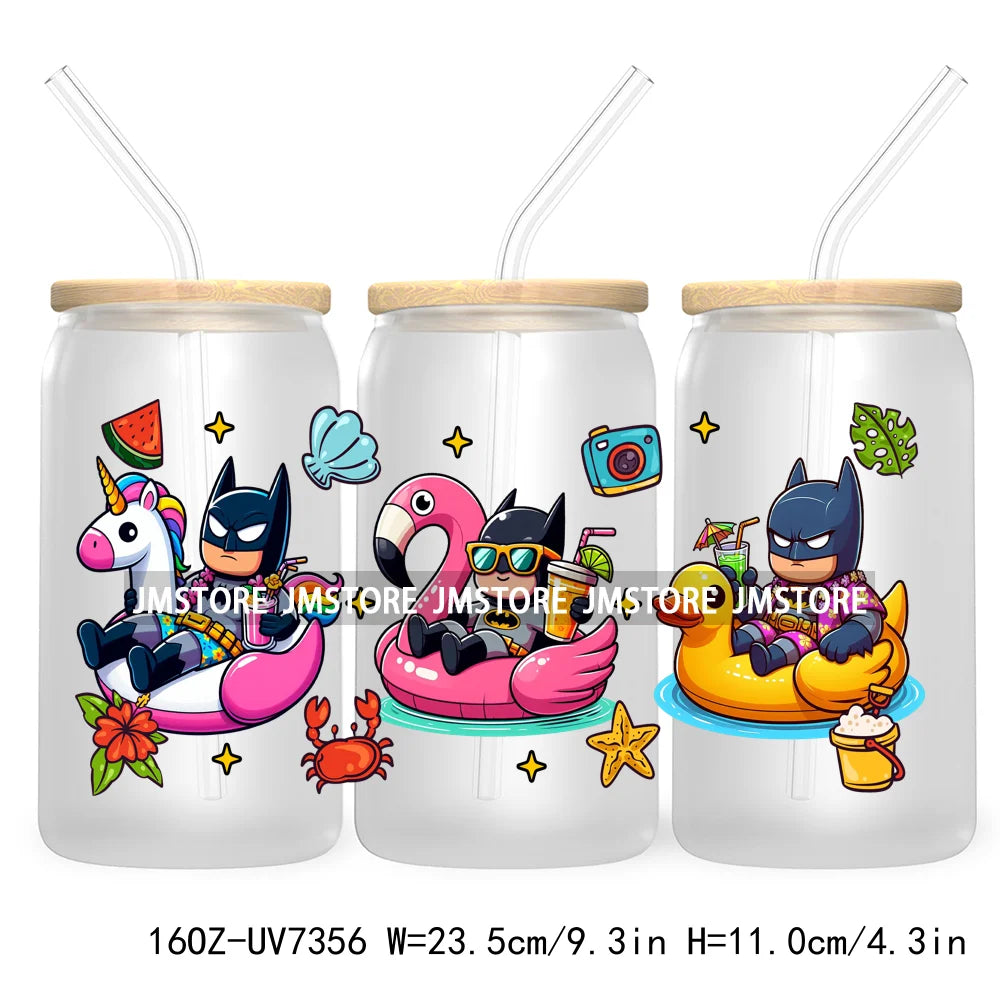 Hero Cartoon Summer Vacation 16OZ UV DTF Cup Wrap Transfers Stickers Custom Labels Durable Waterproof Logo For Libbey Glass Can