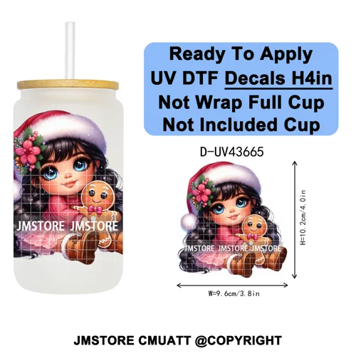 Floral Christmas Latina Chibi Girl UV DTF Transfer Stickers Decals Ready To Apply Good Quality Prints For Libbey Cold Cup Mugs