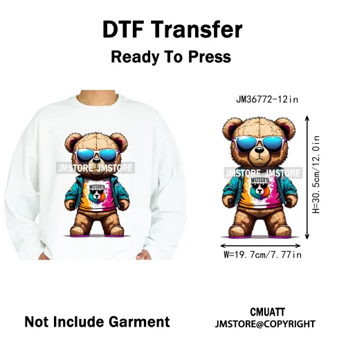 12in Cool Retro Urban Streetwear Graffiti Hip Hop Teddy Bear Iron On DTF Washable Transfers Stickers Ready to Press For Clothing