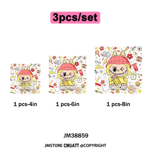 Floral Cute Checkered Cartoon Monster Character Iron on DTF Washable Transfers Stickers Designs Ready to Press for Textile Bags