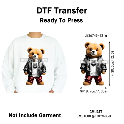 12in Cool Retro Urban Streetwear Graffiti Hip Hop Teddy Bear Iron On DTF Washable Transfers Stickers Ready to Press For Clothing