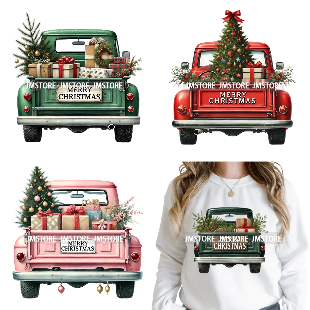 Christmas Pickup Truck Car Winter Tree Snowy Holiday Decoration Iron on DTF Heat Transfers Stickers Ready to Press for Clothing