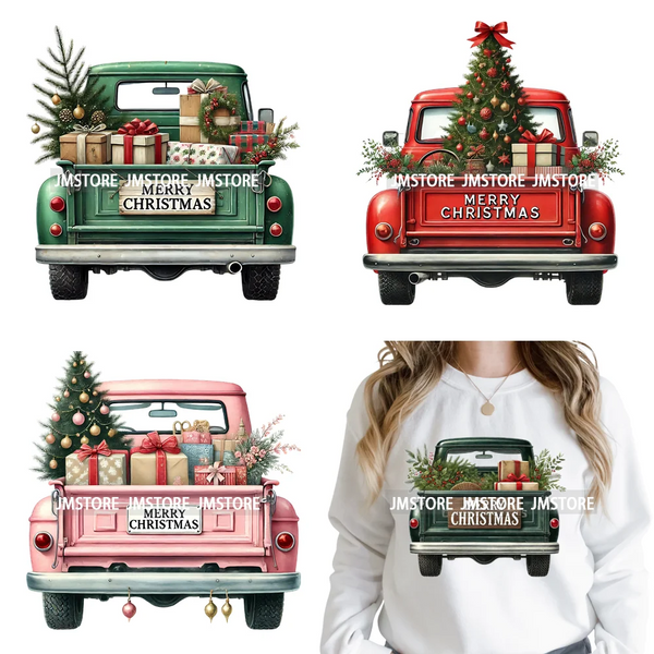 Christmas Pickup Truck Car Winter Tree Snowy Holiday Decoration Iron on DTF Heat Transfers Stickers Ready to Press for Clothing