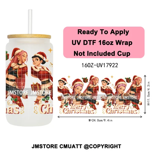 Kpop Demon Inspired Movie Christmas Santa Hat 16OZ UV DTF Cup Wrap Ready To Apply Durable Transfer Stickers For Libbey Glass Can