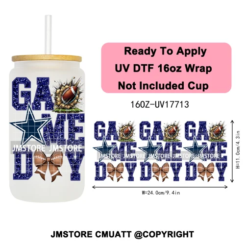 Faux Glitter American Football Game Day UV DTF Cup Wrap Ready To Apply Transfer Stickers 16OZ Tumbler Wraps For Libbey Glass Can