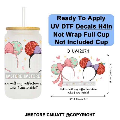 Cartoon Mouse Head Princess Family Vacation UV DTF Decals Ready To Apply Waterproof Transfer Stickers For 16OZ Libbey Glass Can