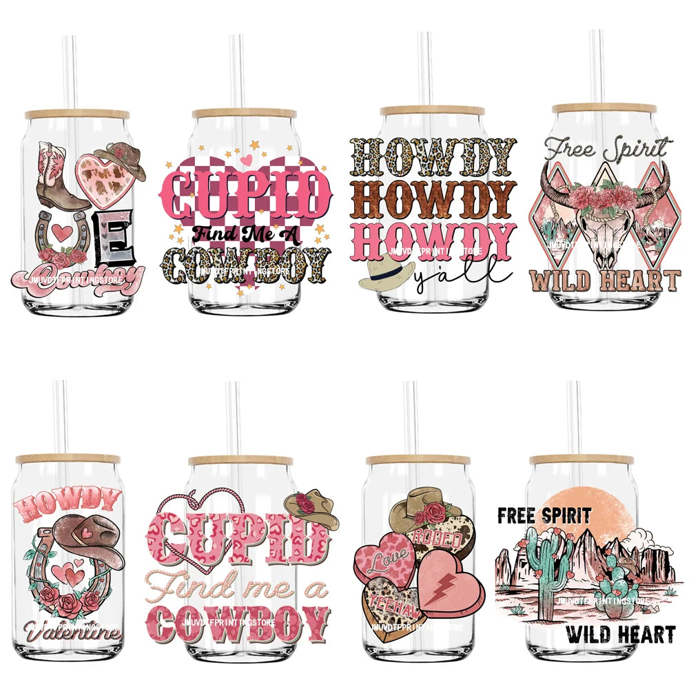 Love Cowboy Western Valentine Vibe 16OZ UV DTF Cup Wrap Transfers Stickers Custom Label DIY Waterproof Logo For Libbey Glass Can