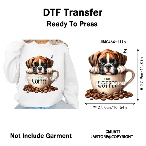 Funny Cartoon Pet Puppy Small Sleeping Cozy Coffee Dogs Lover Iron on DTF Washable Transfers Sticker Ready to Press for Clothing