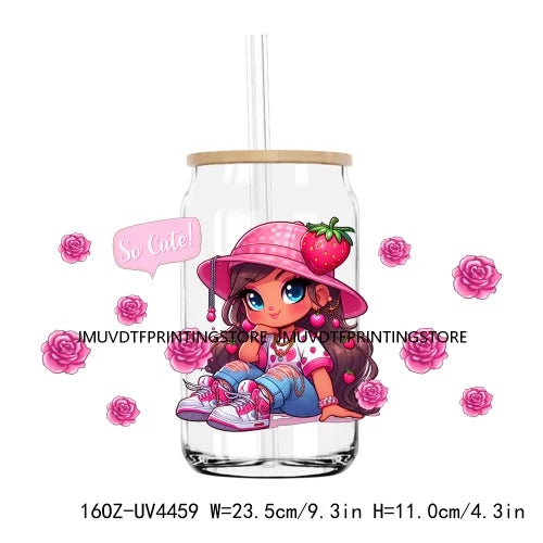 Cartoon Strawberry Girl 16OZ UV DTF Cup Wrap Transfers Stickers Mexican Custom Labels DIY Waterproof Logo For Libbey Glass Can