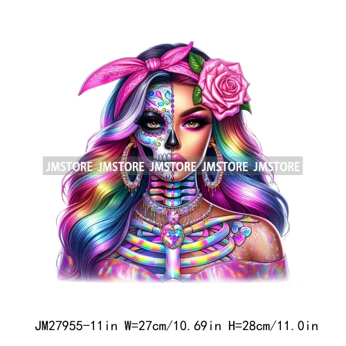 Raninbow Diamond Glamor Latina Skeleton Woman Rose Chicana  Earing Girls DTF Iron On Heat Press Transfer Stickers For Clothes