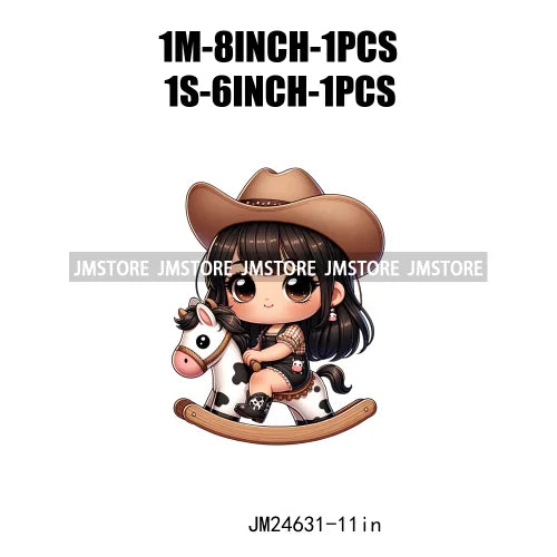Chibi Cute Latina Baby Cowgirl Dairy Cow Western Country Kids Washable Iron On DTF Transfers Stickers Ready To Press For Clothes