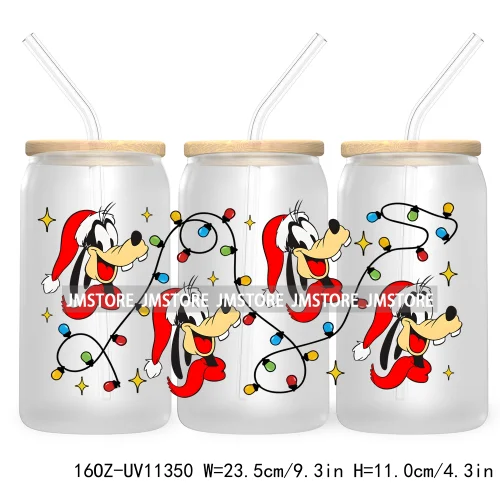 Cute Kids Cartoon Character With Christmas Lights Tree Xmas Holiday UV DTF Transfer 16OZ Libbey Glass Can Wrap Ready to Apply