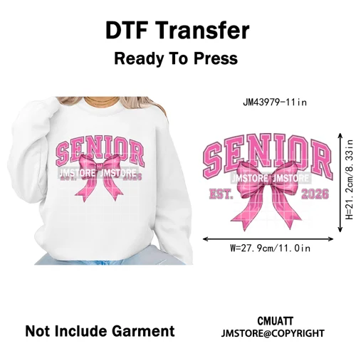 Preppy Coquette Senior 2026 Mega Graduate Cap Varsity Iron on Washable DTF Heat Transfers Stickers Ready to Press for Textiles