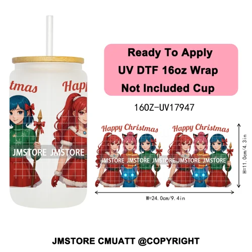 Kpop Demon Inspired Movie Christmas Santa Hat 16OZ UV DTF Cup Wrap Ready To Apply Durable Transfer Stickers For Libbey Glass Can