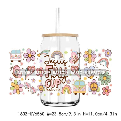 Jesus Fills My Cup Retro Faith 16OZ UV DTF Cup Wrap Transfers Stickers Custom Label Durable Waterproof Logo For Libbey Glass Can