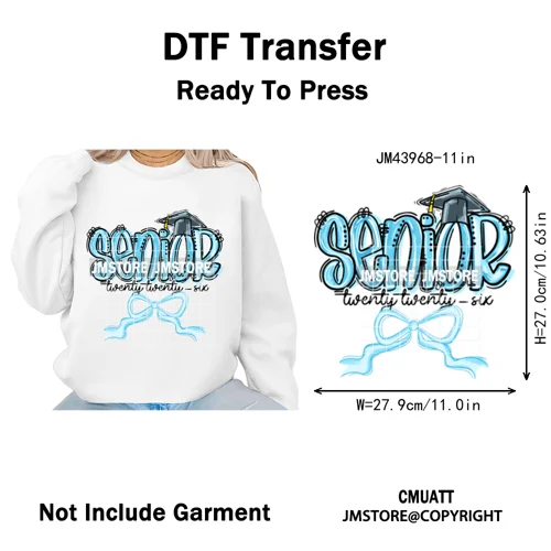 Preppy Coquette Senior 2026 Mega Graduate Cap Varsity Iron on Washable DTF Heat Transfers Stickers Ready to Press for Textiles