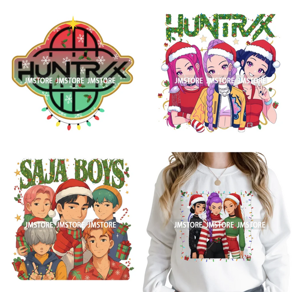Kpop Christmas Santa Boys Girls Band Cartoon Demon Characters Iron on Washable DTF Transfers Stickers Ready to Press for Clothes