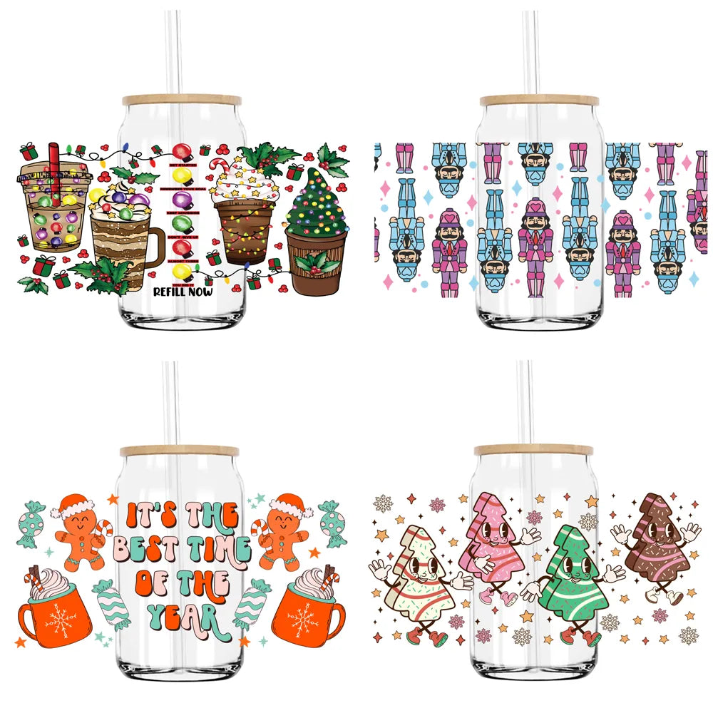 Christmas Tree Holiday 16OZ UV DTF Cup Wrap Transfers Stickers Custom Labels DIY Durable Waterproof Logo For Libbey Glass Can