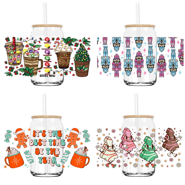 Christmas Tree Holiday 16OZ UV DTF Cup Wrap Transfers Stickers Custom Labels DIY Durable Waterproof Logo For Libbey Glass Can