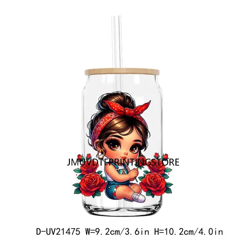 Chibi Cute Chicana Doll With Rose UV DTF Transfers Stickers Decals For Libbey Cold Cups Mugs Tumbler Mexico Waterproof DIY Logo