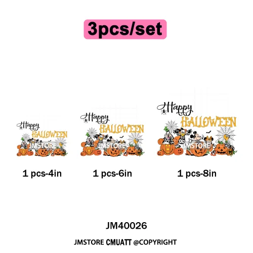 Happy Halloween Nightmare Cartoon Character Pumpkin Skeleton Iron on DTF Washable Transfers Stickers Ready to Press for T-shirts